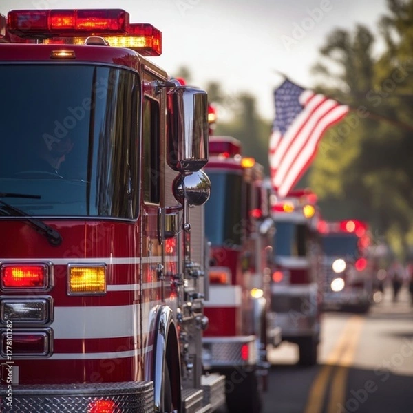Fototapeta Firetrucks Parade, American Flag Background