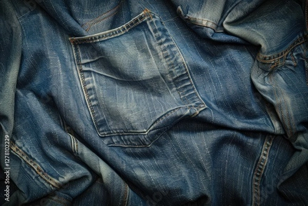 Fototapeta Close-up of textured blue jeans fabric with a back pocket, showcasing denim's detail and wrinkles.