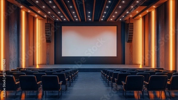 Obraz Modern convention hall stage with a blank screen mockup in 16:9 aspect ratio, empty chairs for attendees, ideal for event, conference, or presentation templates.