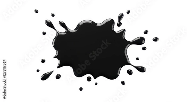 Fototapeta Cartoon drop and splatter. black stain of paint and ink with splashes. 3d render