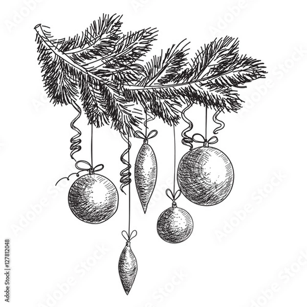 Obraz Hand drawn sketch Fur tree branch with New Year and Christmas decorations.     design elements