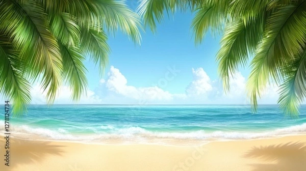 Fototapeta Tropical paradise beach scene with palm trees turquoise ocean and serene blue sky for summer vacation and travel destination