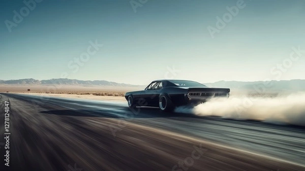 Fototapeta Drag racing car accelerating on a track surrounded by desert. Featuring power and speed