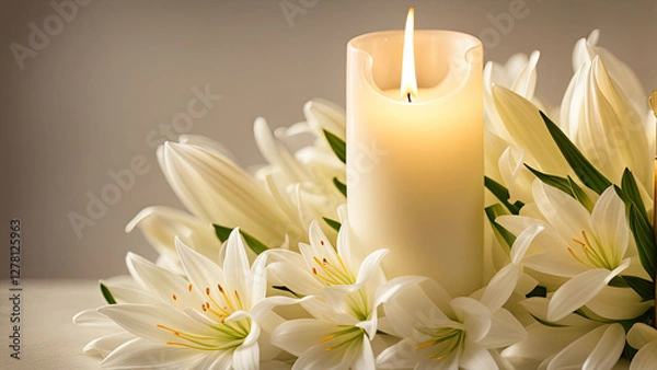 Fototapeta A serene arrangement of a white candle surrounded by delicate white lilies, creating a peaceful and elegant atmosphere, symbolizing purity, remembrance, and tranquility.
