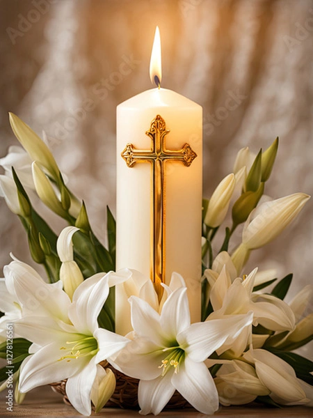 Fototapeta A serene arrangement of a white candle surrounded by delicate white lilies, creating a peaceful and elegant atmosphere, symbolizing purity, remembrance, and tranquility.