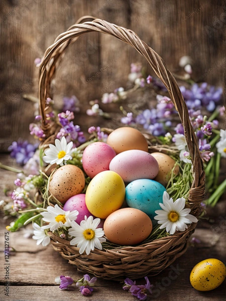 Fototapeta A wicker basket filled with colorful Easter eggs, surrounded by fresh white and yellow flowers, symbolizing joy, spring, and festive celebration.