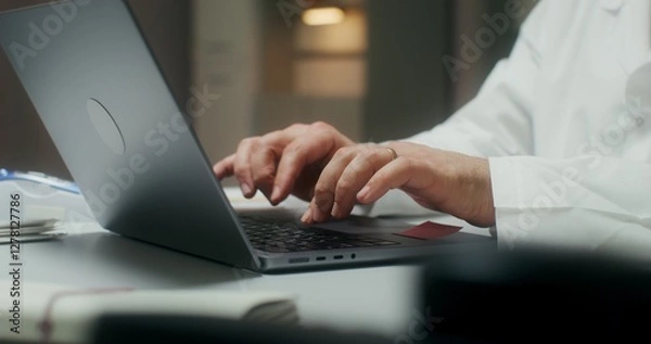 Fototapeta The doctor is typing on a laptop sitting at a table in a medical office, working in a clinic. Close-up of his hands, an unrecognizable person