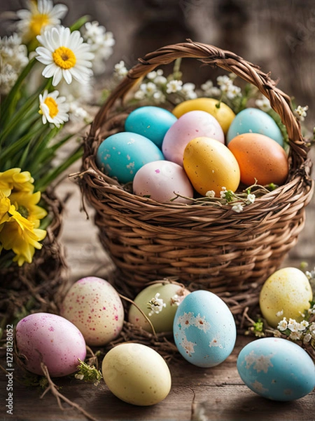 Fototapeta A wicker basket filled with colorful Easter eggs, surrounded by fresh white and yellow flowers, symbolizing joy, spring, and festive celebration.