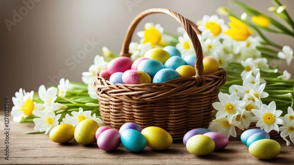 Fototapeta A wicker basket filled with colorful Easter eggs, surrounded by fresh white and yellow flowers, symbolizing joy, spring, and festive celebration.