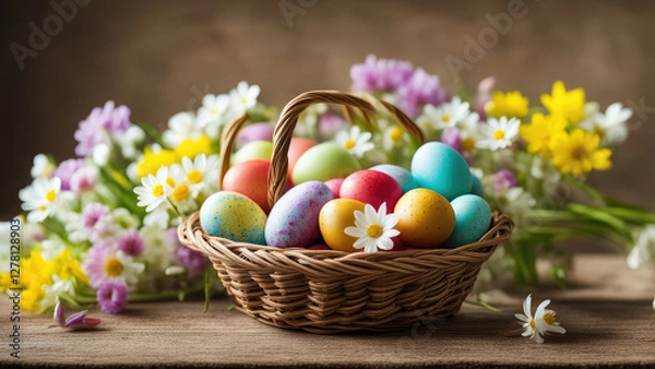 Fototapeta A wicker basket filled with colorful Easter eggs, surrounded by fresh white and yellow flowers, symbolizing joy, spring, and festive celebration.