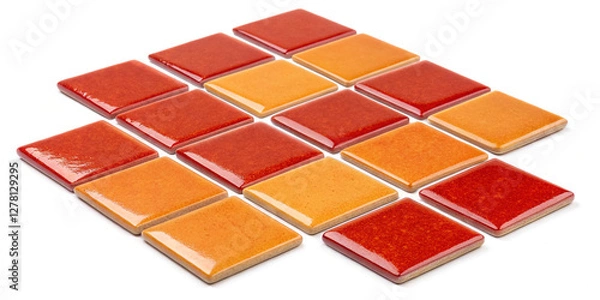 Fototapeta Stylish Collection of Orange and Red Square Tiles Isolated on a White Background for Modern Interiors