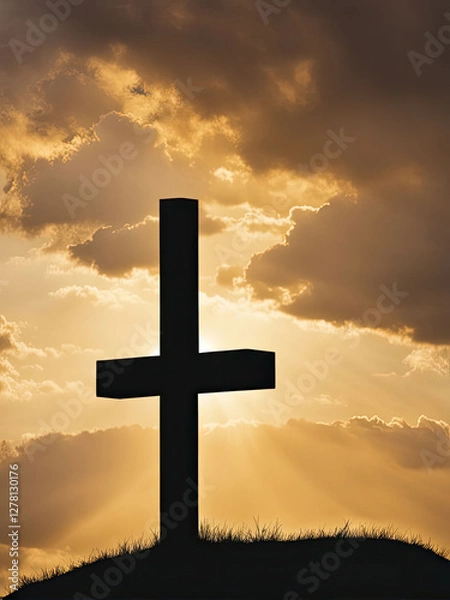 Fototapeta A wooden cross stands on a hill, illuminated by a golden sunset, symbolizing faith, hope, and spiritual reflection against a scenic landscape of rolling hills and dramatic clouds.