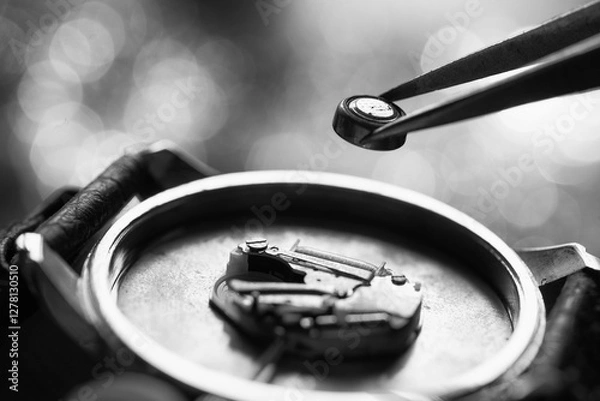 Obraz Clockmaker repairing broken watch at table, closeup