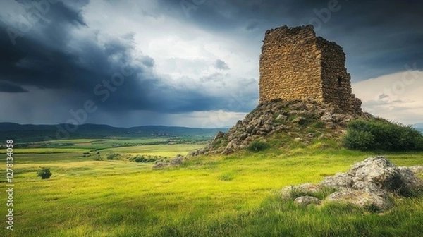 Fototapeta Ancient Stone Tower Amidst Dramatic Landscape
