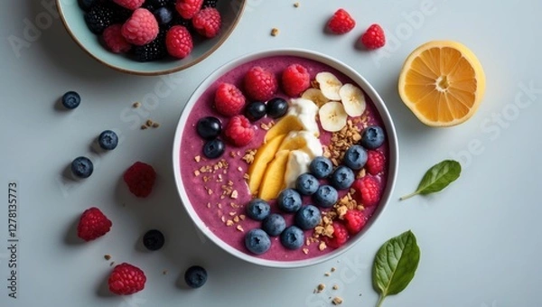 Fototapeta Berry smoothie bowl topped with banana, mango, and granola next to fresh raspberries, blueberries, and lemon wedges on a light background