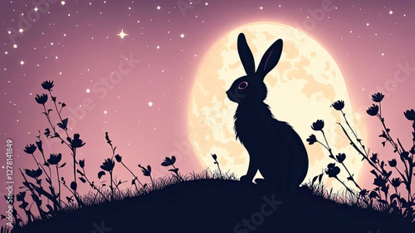 Fototapeta A rabbit sits on a hill under the glowing full moon, surrounded by wildflowers, creating a dreamy and magical night scene with a purple sky and twinkling stars.