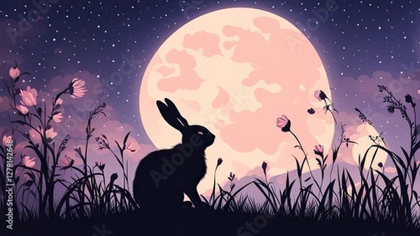 Fototapeta A rabbit sits on a hill under the glowing full moon, surrounded by wildflowers, creating a dreamy and magical night scene with a purple sky and twinkling stars.