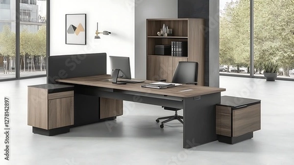 Fototapeta Modern office workspace with large desk and storage units