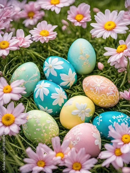 Fototapeta Beautifully decorated Easter eggs with pastel floral patterns rest on lush green grass, surrounded by vibrant yellow and white flowers, creating a cheerful and festive spring scene.