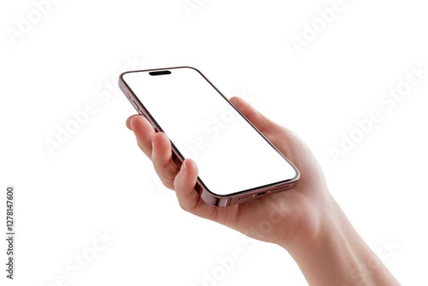 Fototapeta Close-up of a woman hand gently holding a modern smartphone tilted backward, bottom view showing charging port and speaker, isolated background and screen.