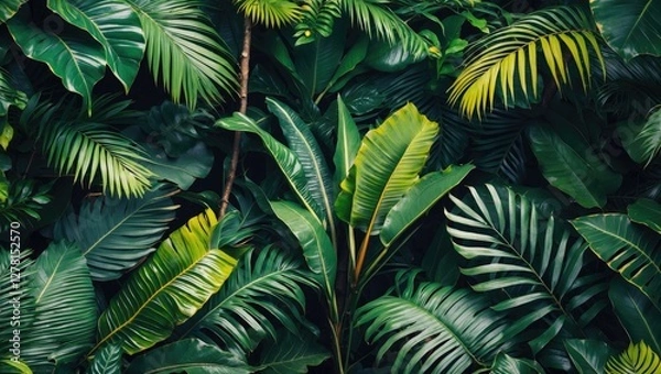 Fototapeta Tropical green foliage background with various leaf shapes and textures in a dense jungle setting