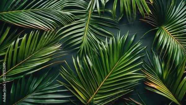 Fototapeta Tropical green palm leaves arranged flat on dark background for natural texture and botanical design elements