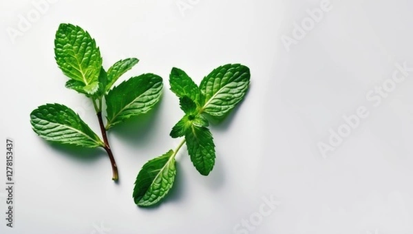 Fototapeta Fresh mint leaves on a light background depicting vibrant green color and detail of texture in leaves with a natural appearance