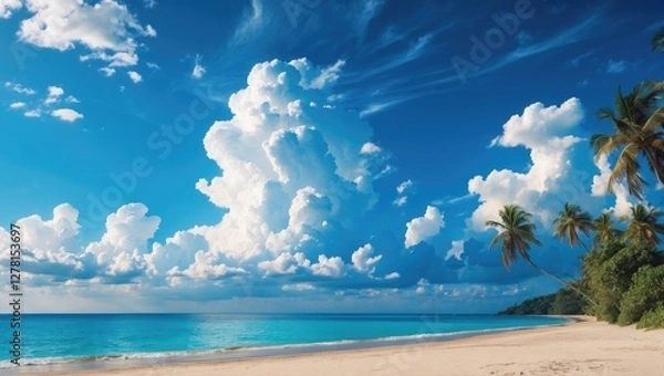 Fototapeta Tropical beach with clear blue ocean and white clouds under bright sky surrounded by green palm trees on sandy shore
