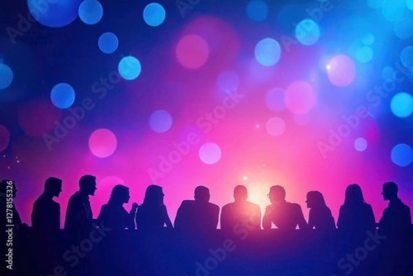 Fototapeta Silhouetted figures against a vibrant, colorful background of glowing orbs, creating a festive, celebratory atmosphere.