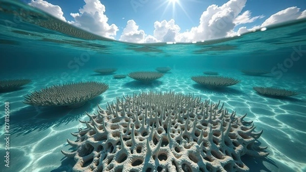 Fototapeta Split view of coral reef with bleached corals underwater and bright sunlit sky above	