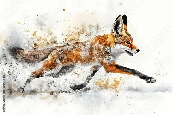 Fototapeta Running Fox in Winter Landscape, Abstract Watercolor Effect