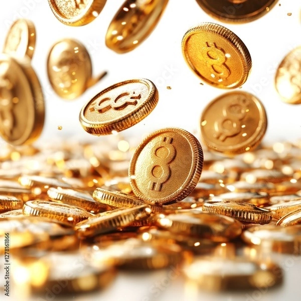 Fototapeta A close-up view of golden cryptocurrency coins falling, symbolizing wealth and investment opportunities.