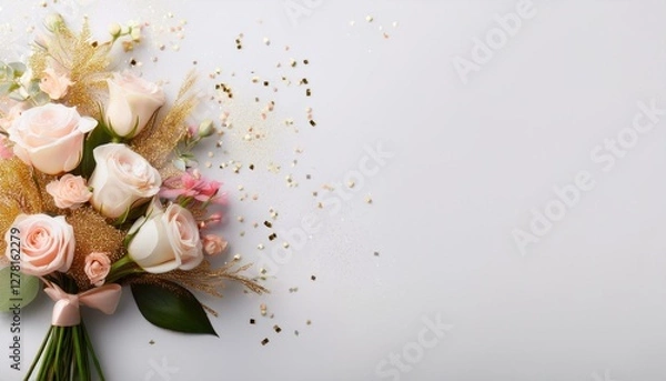 Obraz 花束のブーケと白い背景フレーム。コピースペースあり。AIで生成