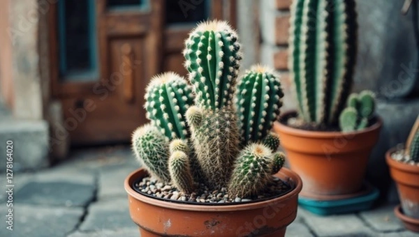 Fototapeta Potted cacti arrangement with various species in clay pots on stone floor near wooden door
