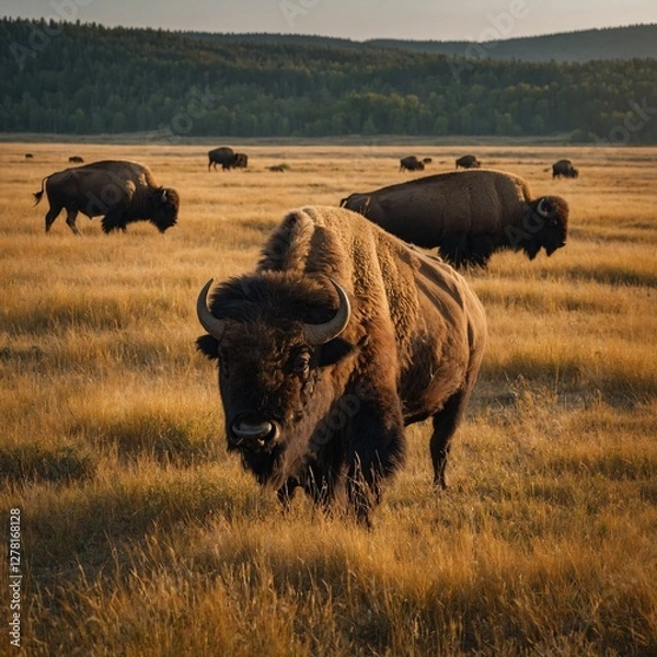Obraz A summer field with golden grass and bison grazing.