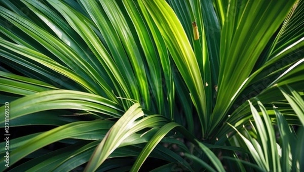Fototapeta Close-up of vibrant green palm leaves with natural light highlighting the texture and details of the foliage