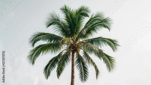 Fototapeta tall palm tree against a cloudy sky with green fronds spreading outwards from the trunk in a tropical setting
