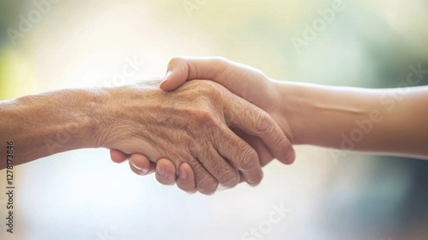 Fototapeta Elder abuse awareness raised by a senior and healthcare worker in a calm home environment. Featuring safety and support