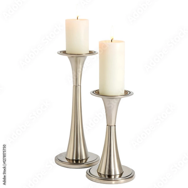 Fototapeta A tall, elegant candlestick holder made of brushed stanless steel, with a pair of lit white candles