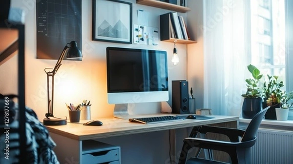 Fototapeta Cozy Modern Home Office with Computer and Stylish Decor Elements