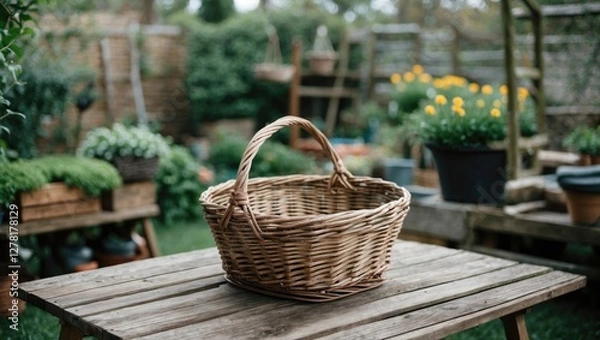 Fototapeta Wicker basket placed on a wooden table in a lush garden with potted plants and flowers in the background