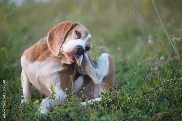 Fototapeta Beagle Dog Scratching Its Body on a Grass Field.