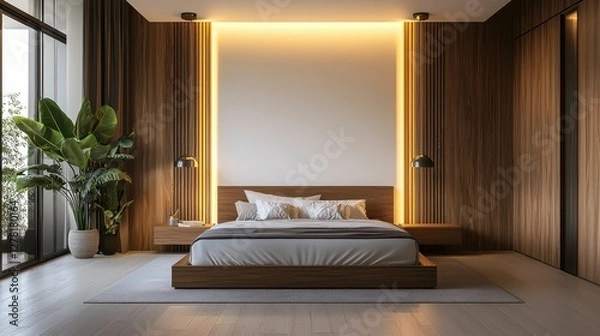 Fototapeta Modern Minimalist Bedroom with Natural Elements and Warm Lighting