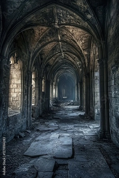 Fototapeta Dungeon Corridor. Abandoned Tunnel with Ghostly Interior in Dark, Stone City