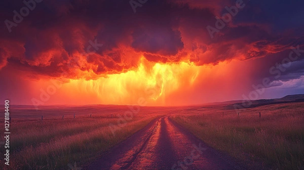Obraz Tornado alley scene with a distant funnel cloud framed by a dramatic orange and purple sky