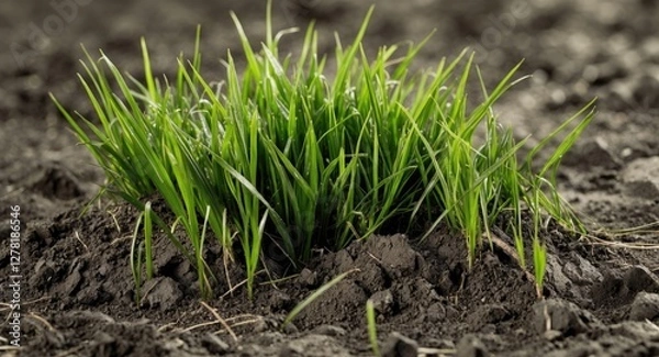 Fototapeta Fresh green grass growing in dark soil with natural light highlighting its texture and vibrant color