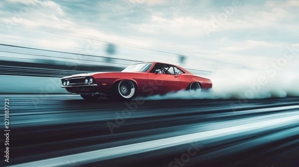 Fototapeta Drag racing car flying off the track at high speed. Featuring intensity and impact
