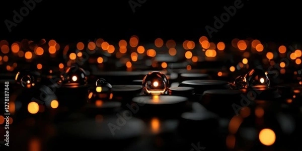 Fototapeta A captivating scene of glowing orbs scattered across a dark surface, creating a mesmerizing effect of light and depth.