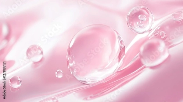 Fototapeta Luxury beauty product close-up, translucent pink essence drops, flowing organic shapes, pearlescent highlights, soft diffused lighting, premium cosmetic visual style