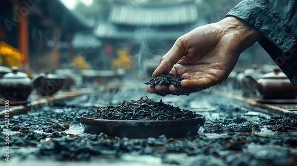 Obraz Intricate Close-up of a Hand Engaging in the Time-honored Art of Oriental Tea Ceremony with a Piece of Authentic Black Tea